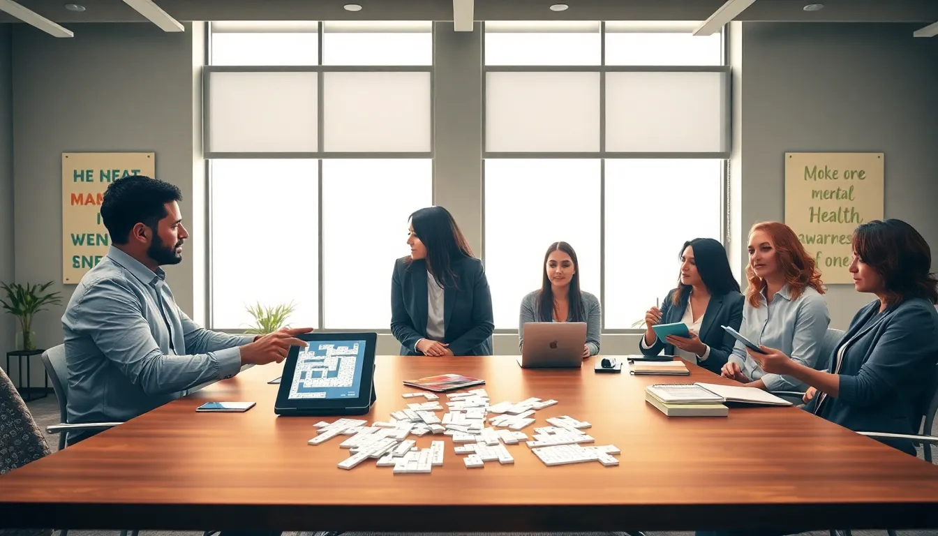 diverse professionals discussing mental health crossword puzzles in a modern office.