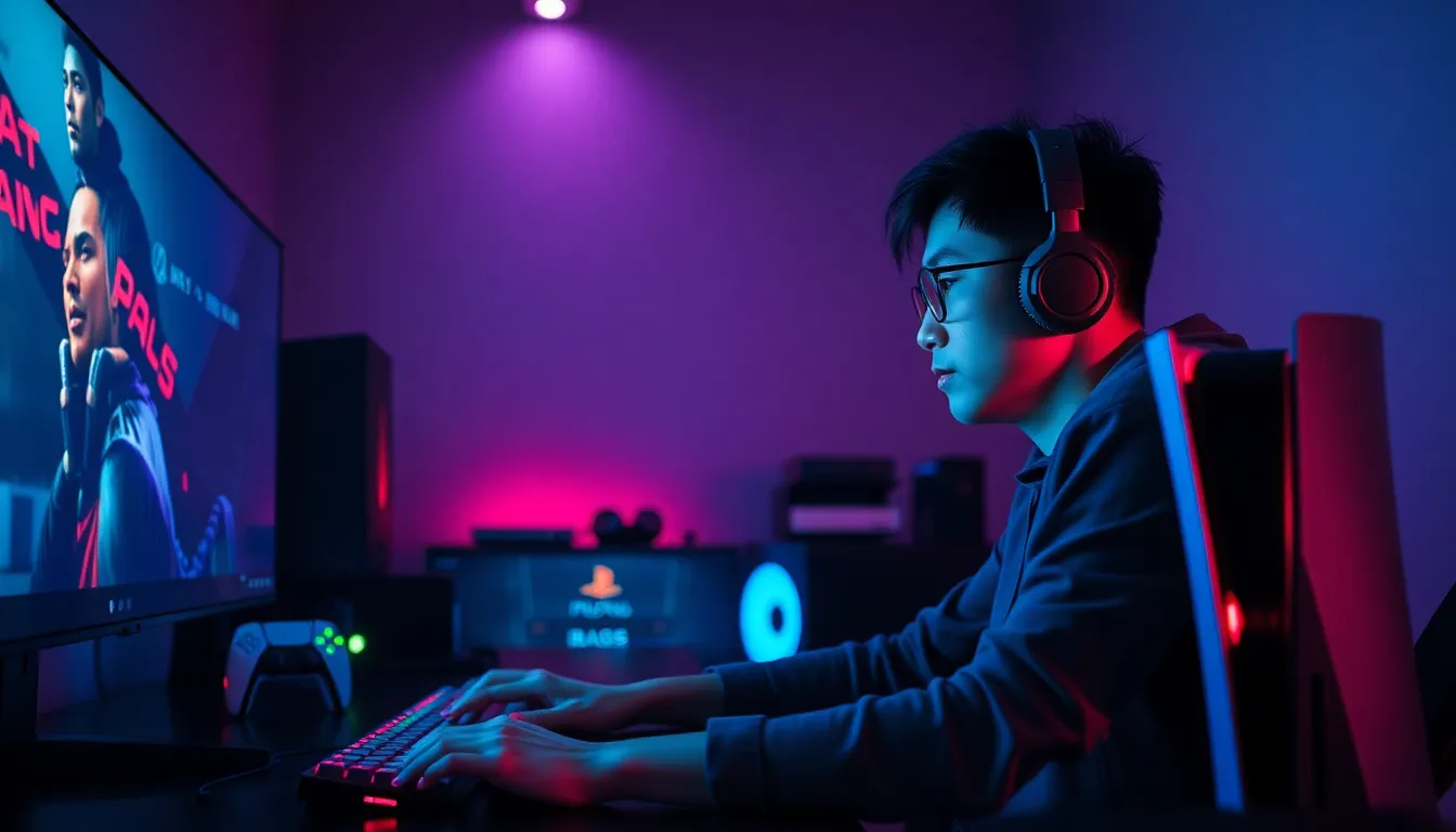 A gamer immersed in action with essential gadgets and a PlayStation 5.