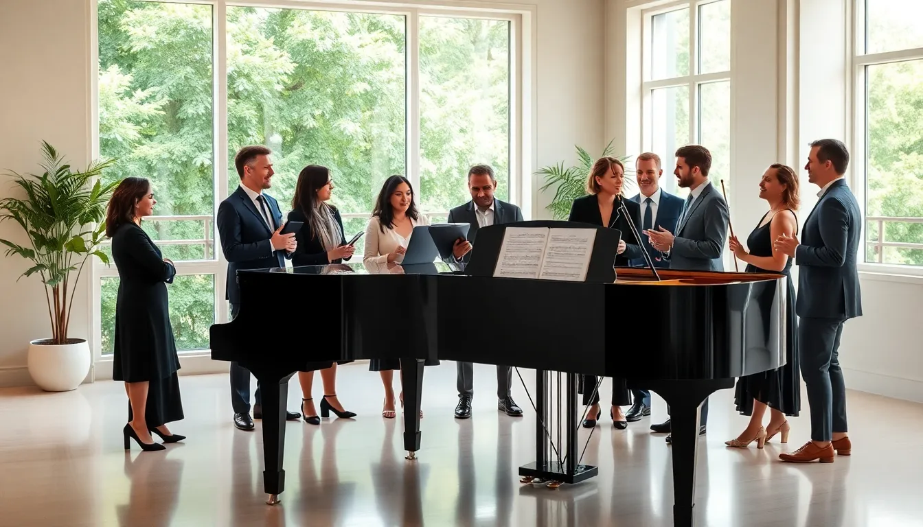 diverse musicians discussing around a grand piano in an elegant room.