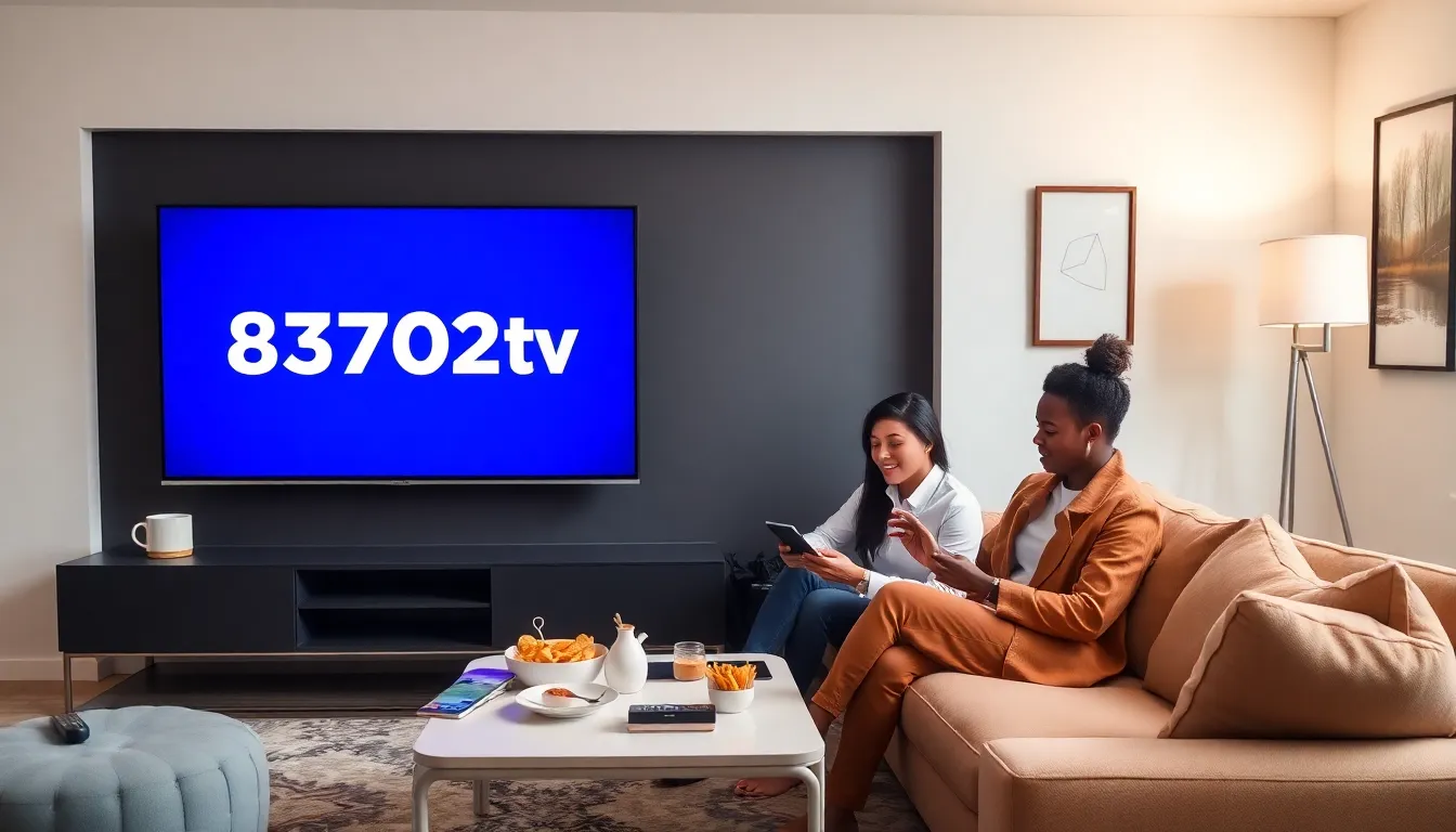 Group of friends enjoying 83702tv in a stylish living room.