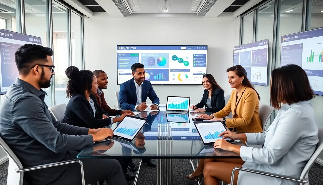 diverse team collaborating over the Jashel01 platform in a modern office.