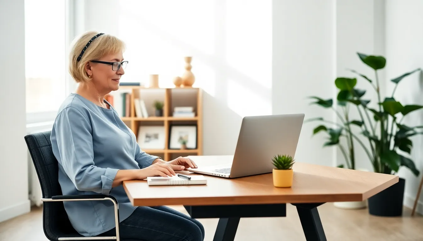 A woman working at a modern desk, engaged with a productivity website.
