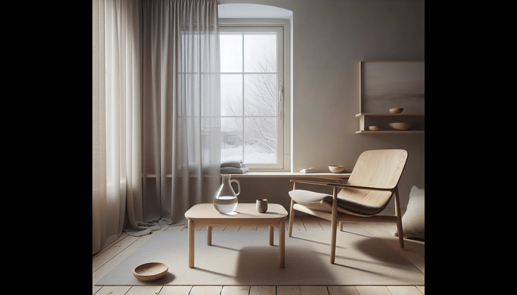 Norsk design: minimalisme møter funksjonalitet 2 Minimal norwegian living room with oak chair, glass carafe, and winter light.