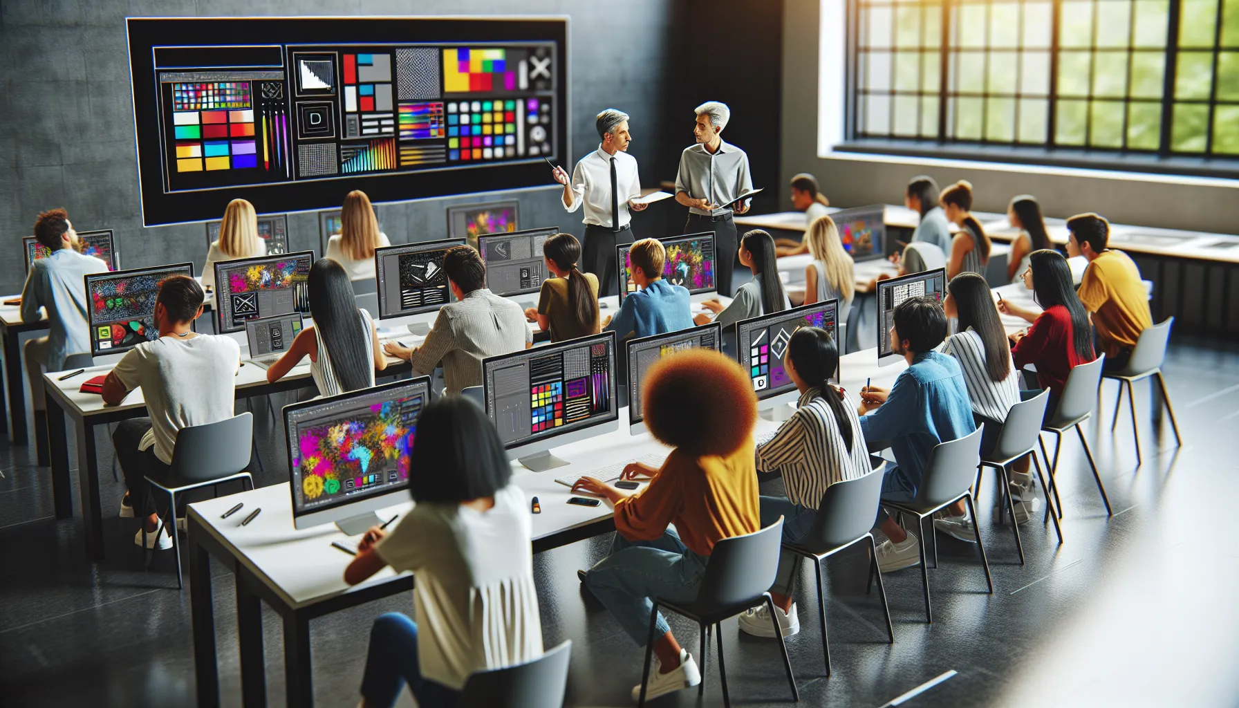 diverse students in a Photoshop workshop at a modern classroom.