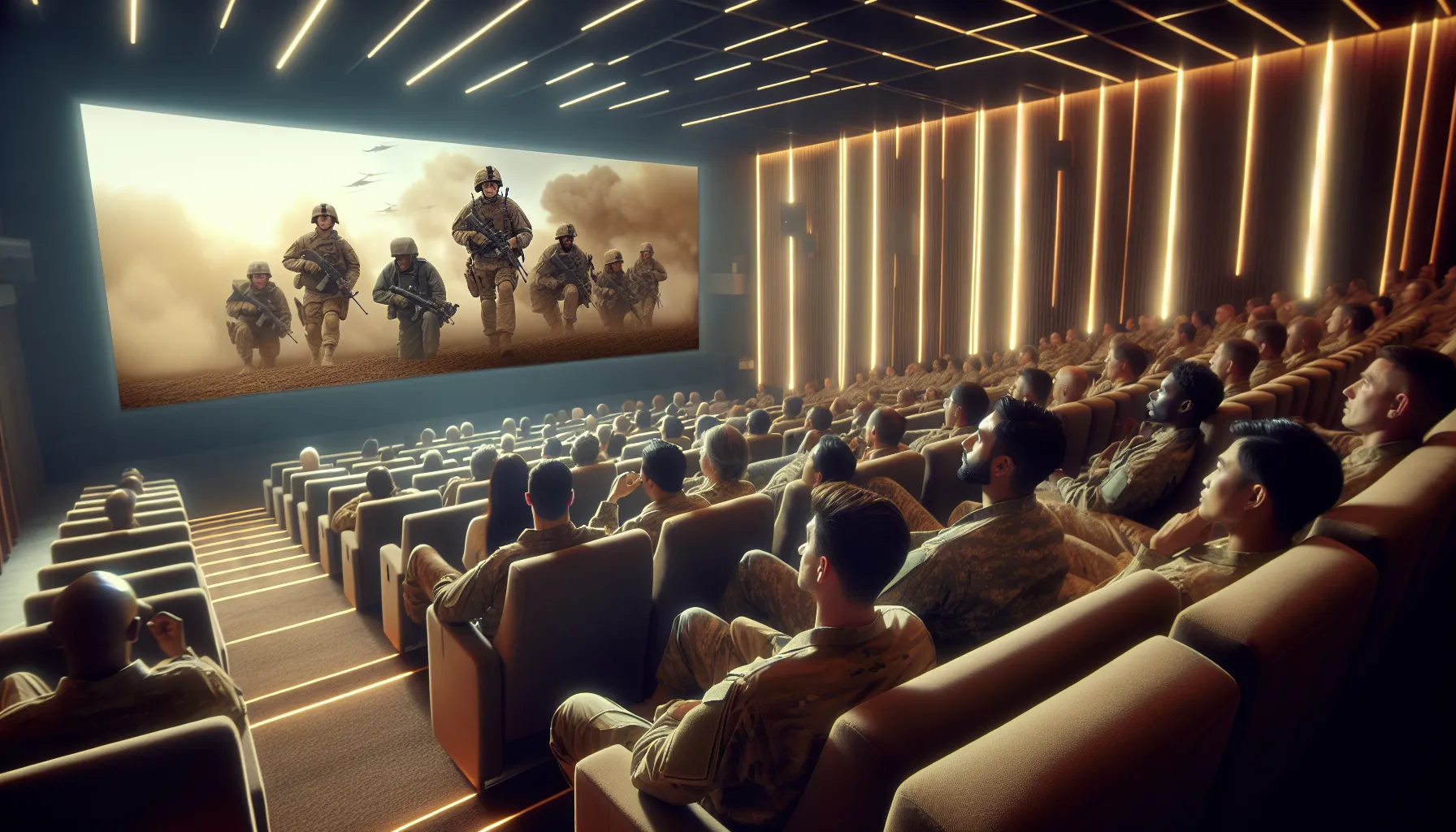 soldiers watching a film in a modern screening room.