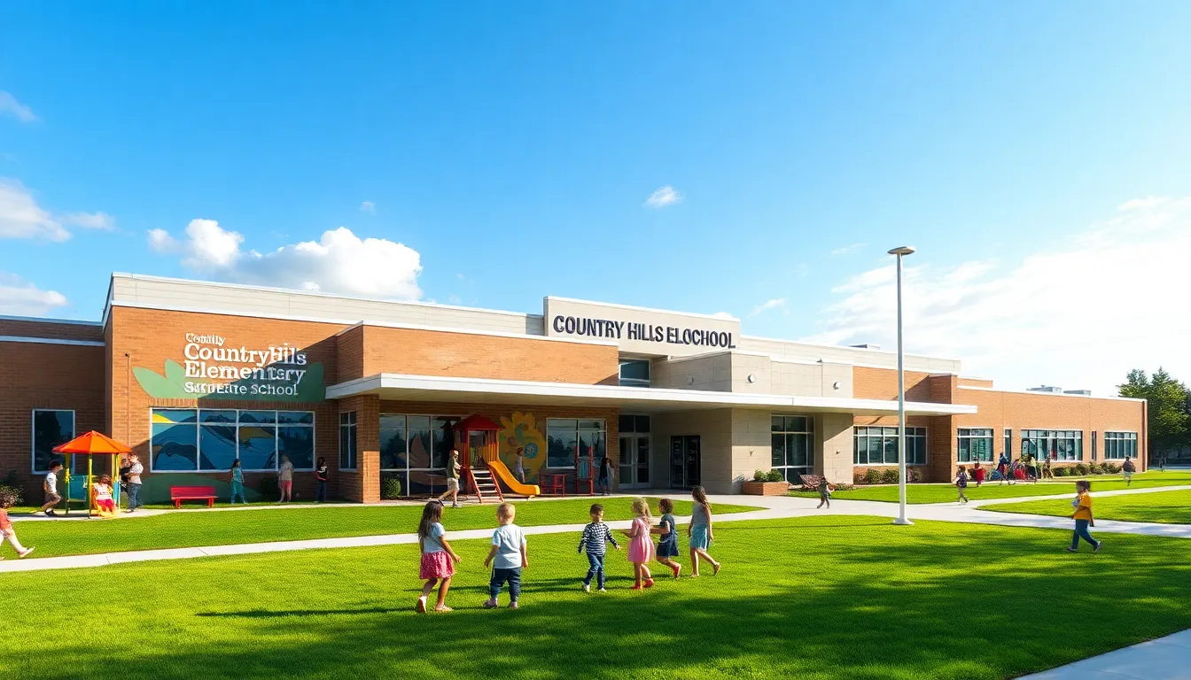 exterior view of Country Hills Elementary School with children playing.