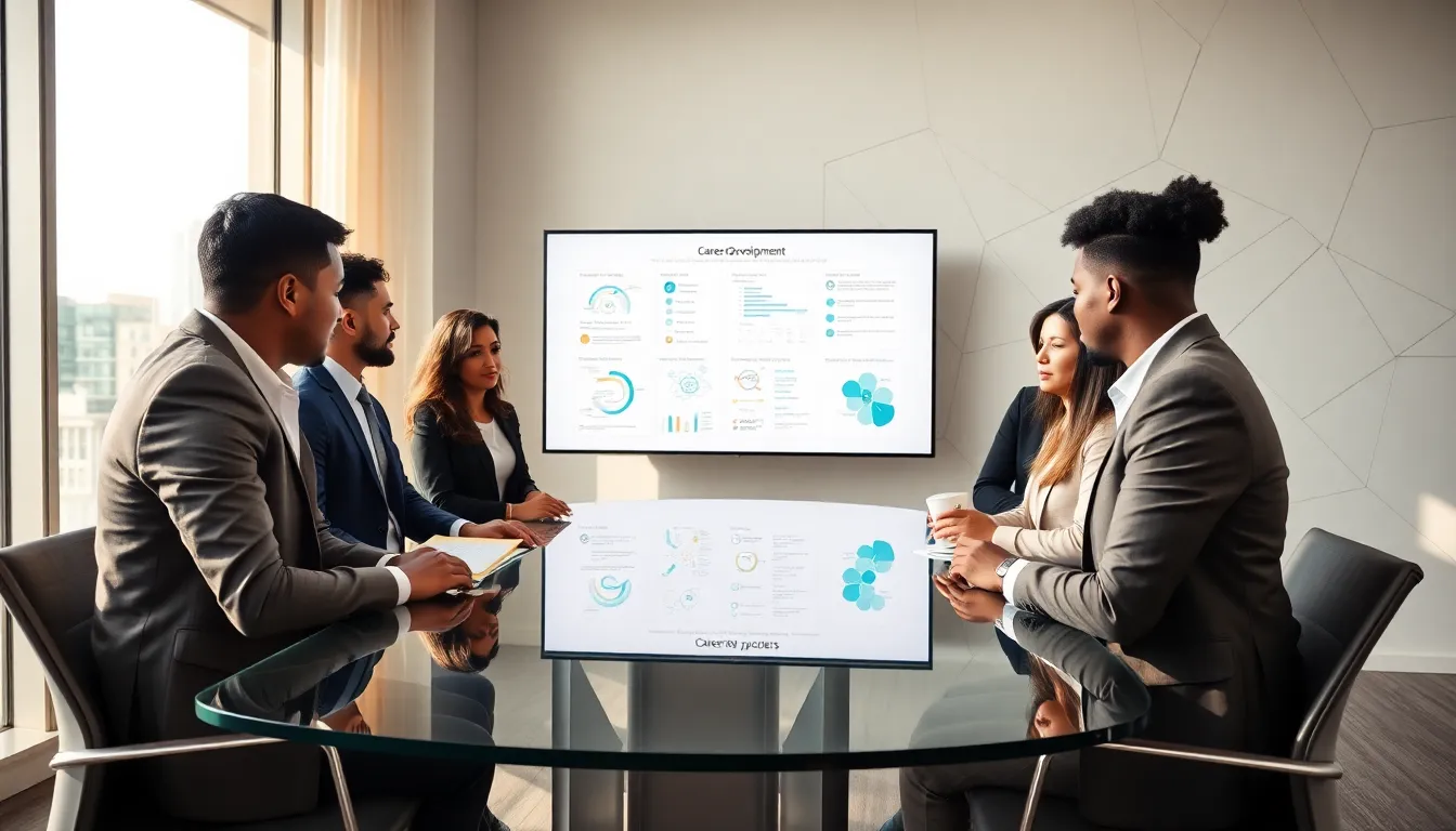 diverse professionals discussing career development goals in a modern office.