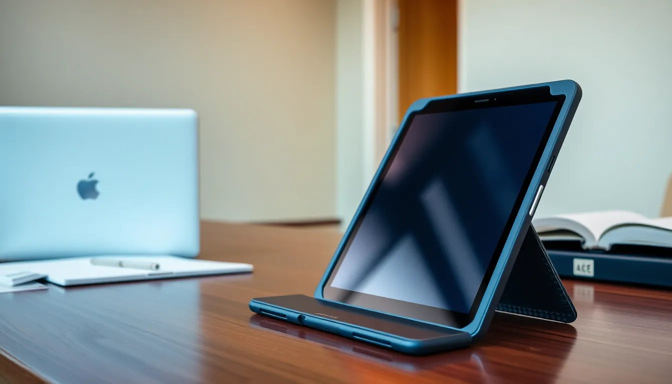 Samsung A9 tablet in a stylish protective case on a desk.