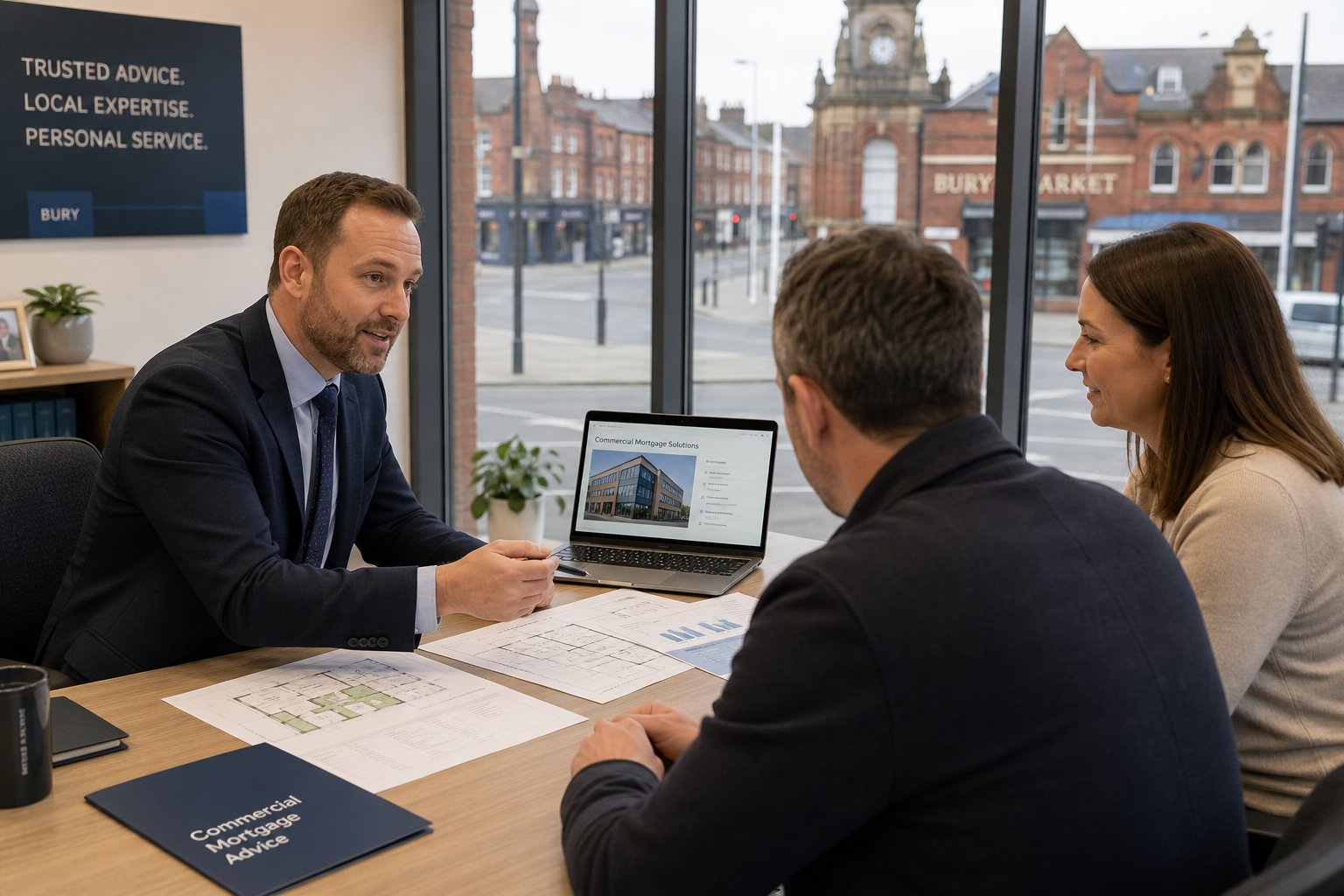 Professional mortgage advisor meeting with business clients in a modern office, reviewing property and finance documents with a subtle Bury street view outside.