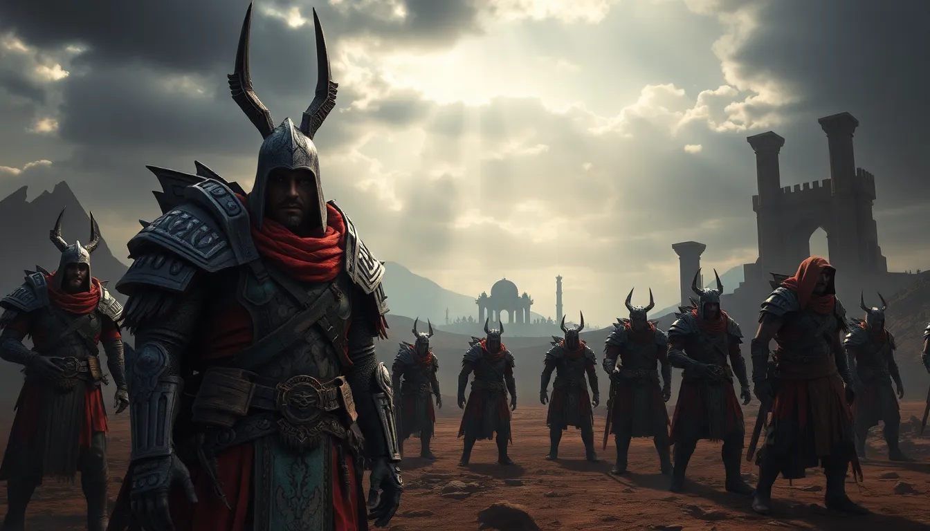 Fallen warriors in a desolated, war-torn landscape.