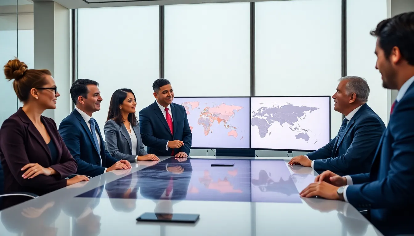 diverse team of diplomats discussing global affairs in a modern office.