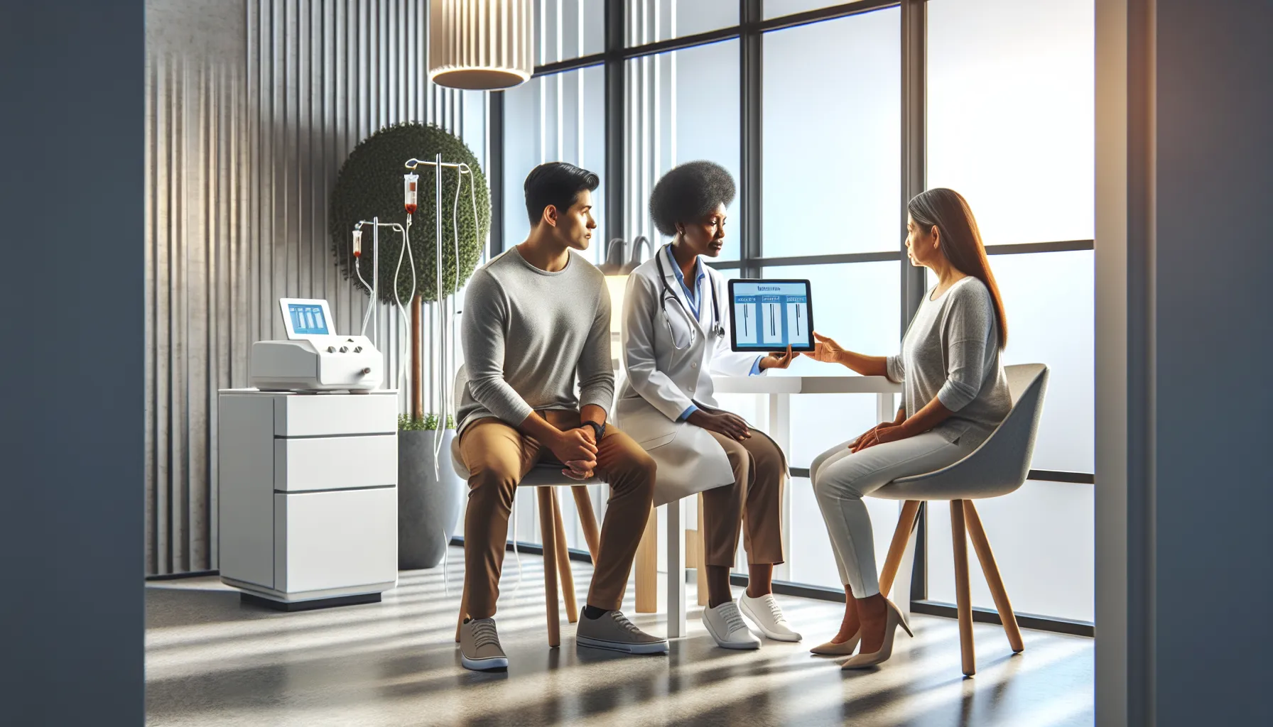 healthcare team discussing urine test results in a modern office.