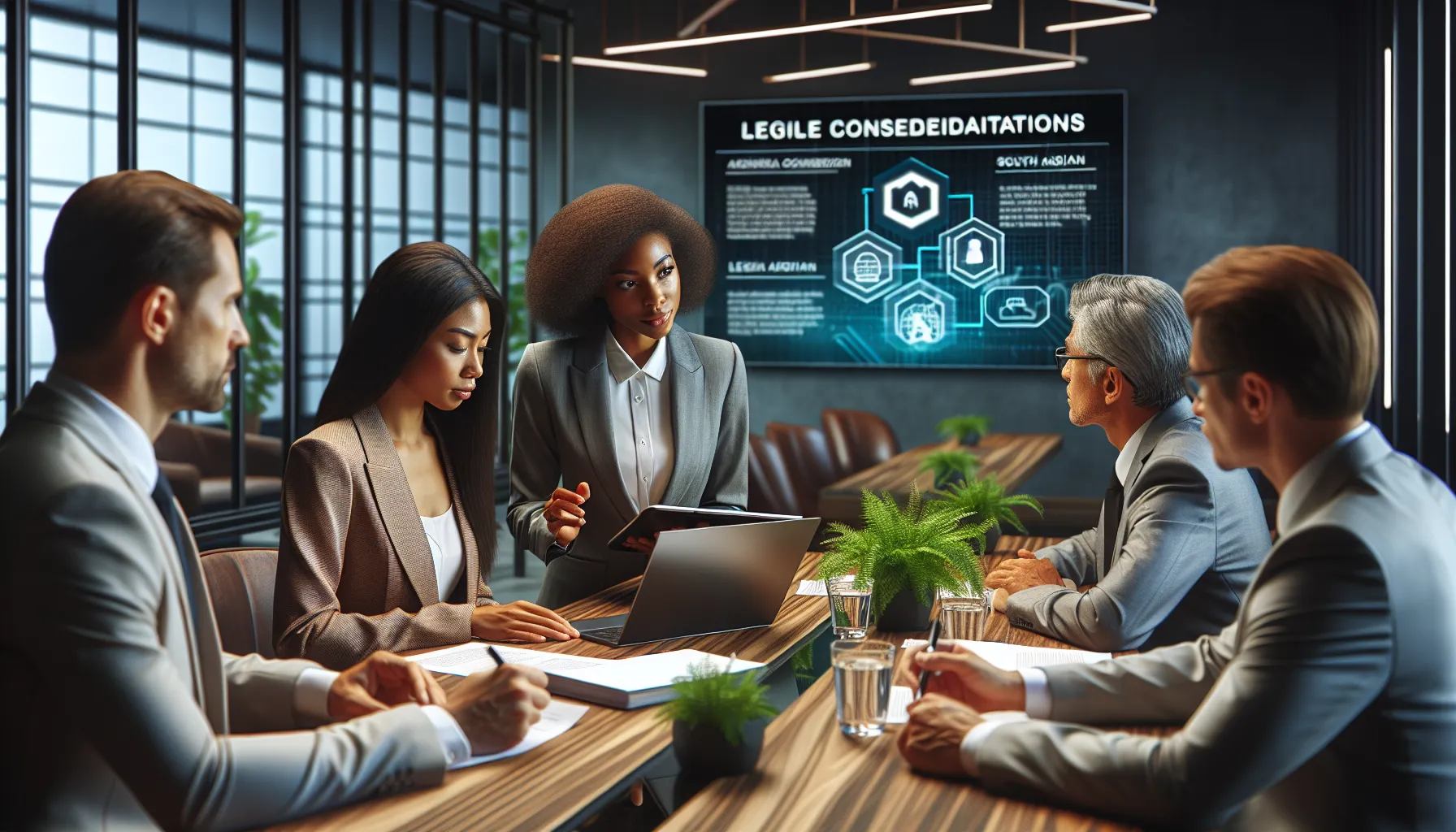 diverse professionals discussing online streaming safety in an office setting.