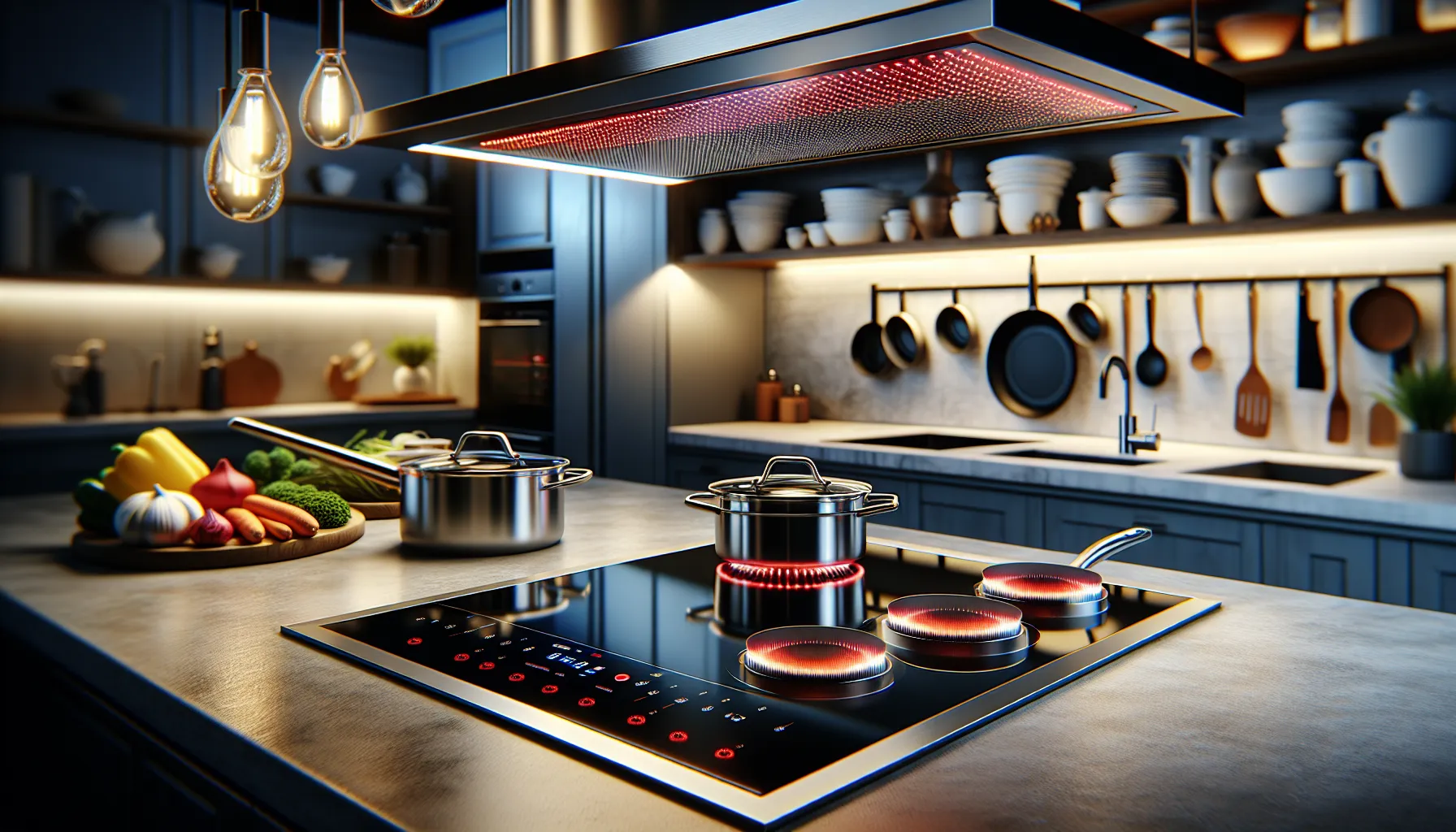An electric cooktop in a modern kitchen with cookware placed on it.