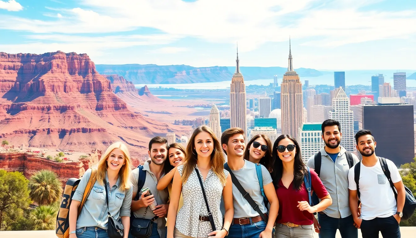 diverse travelers in front of iconic U.S. landmarks.