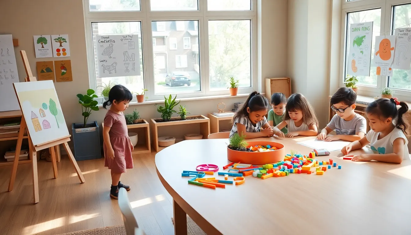 children engaging in hands-on activities in a bright Montessori classroom.