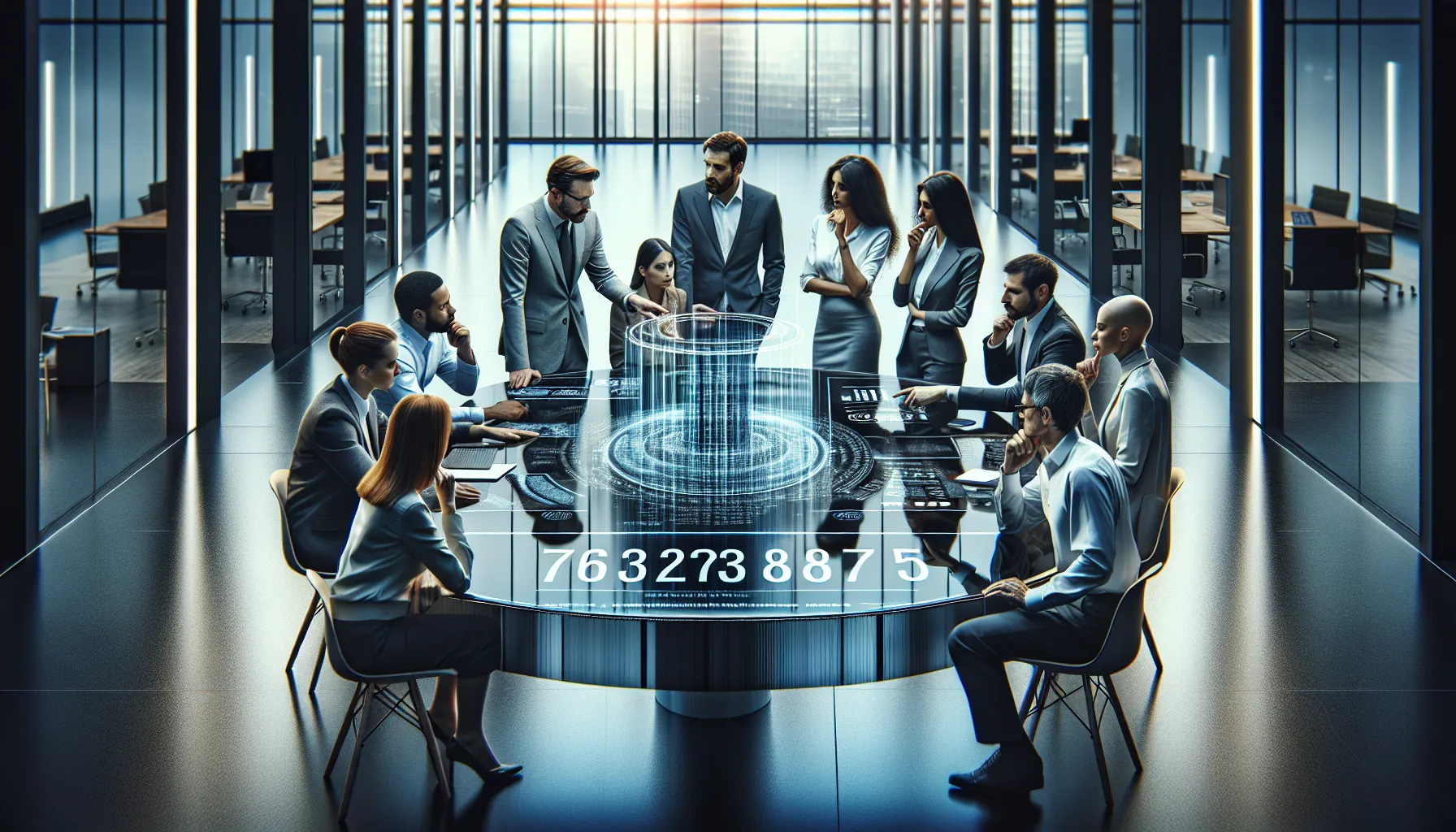 diverse professionals discussing telecommunications data in a modern office.