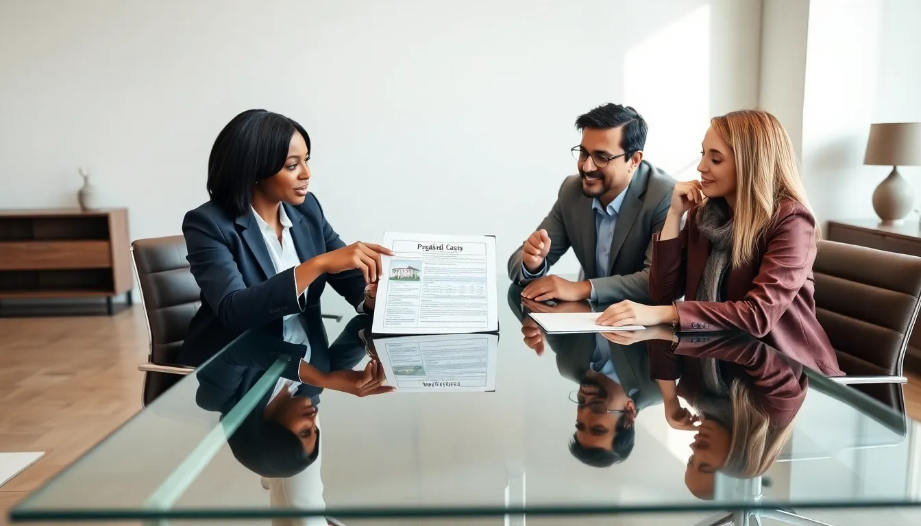 diverse homebuyers discussing prepaid costs in a modern office.