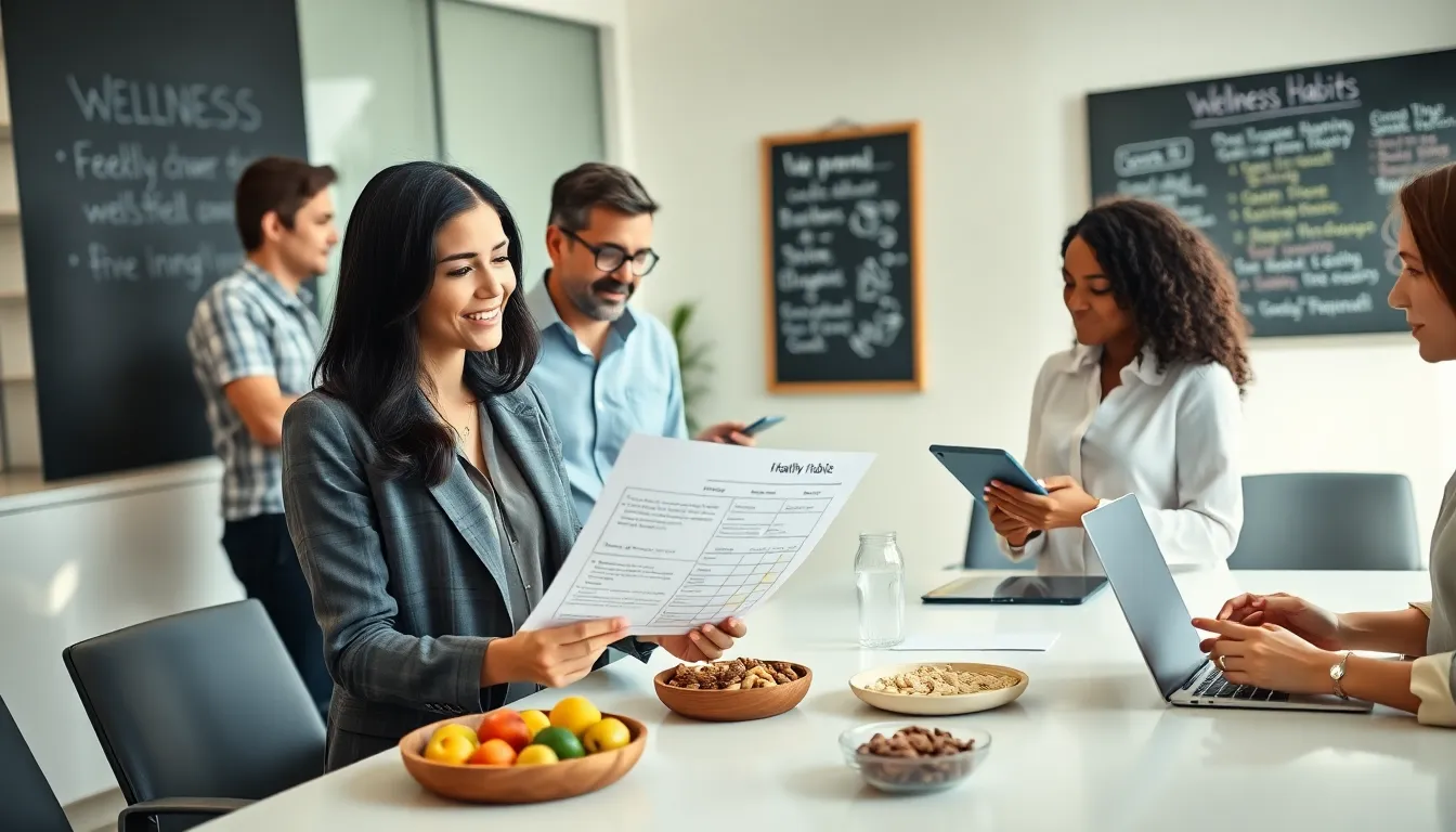 diverse team discussing healthy habits in a modern office.