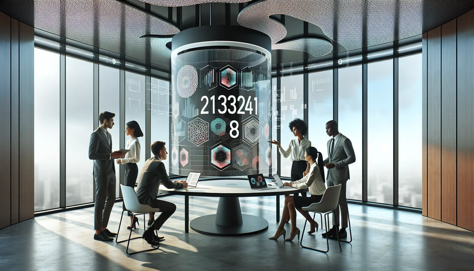 diverse team discussing technology in a modern office.