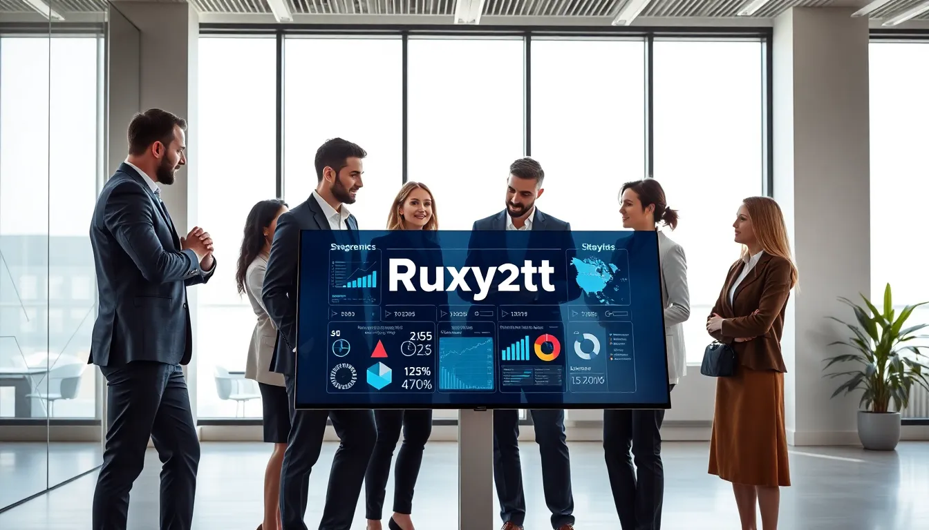 diverse professionals collaborating around a touchscreen in a modern office.