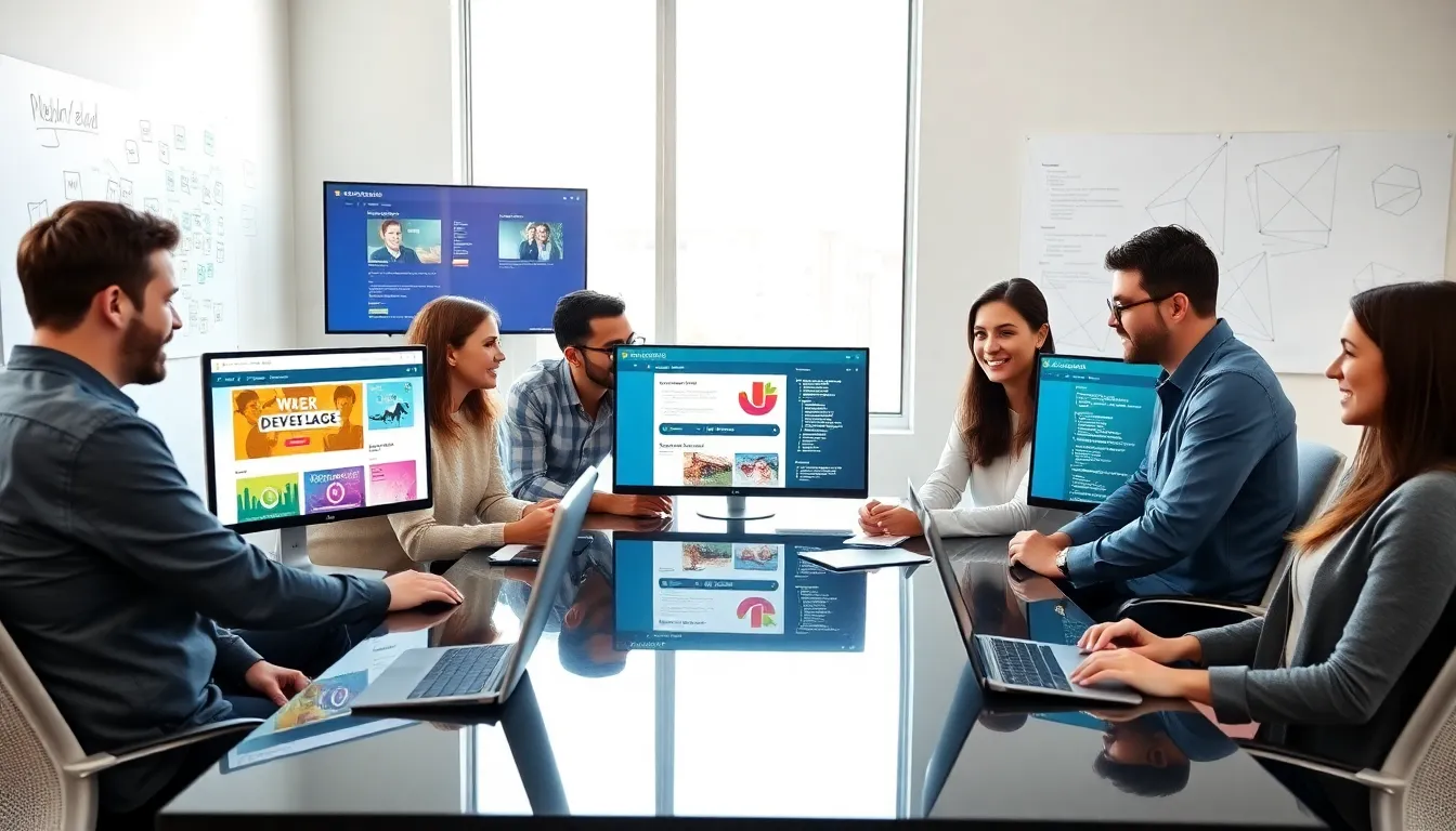 diverse team of web developers collaborating in a modern office.