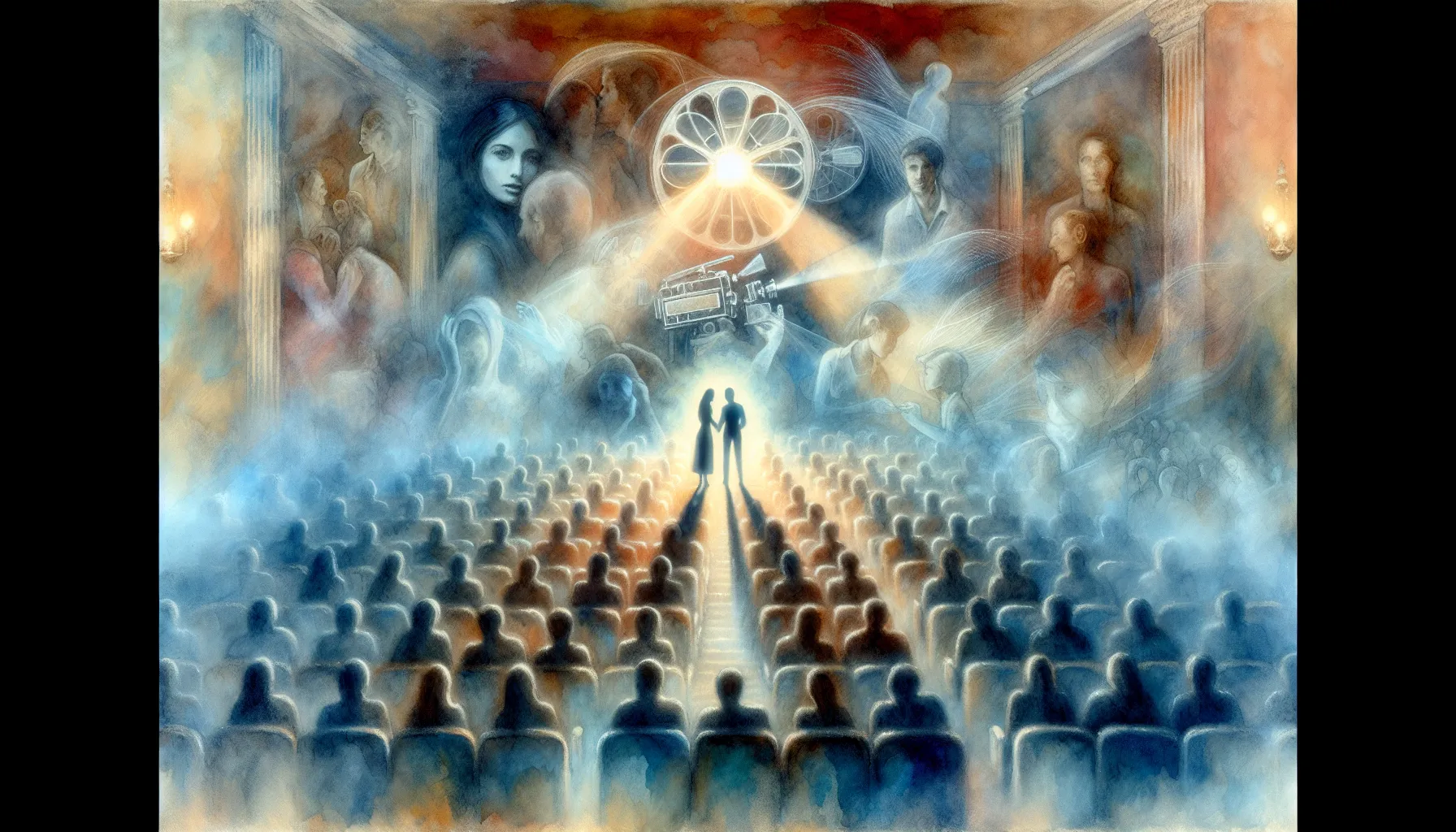 Two people hugging in a softly lit Italian movie theater.