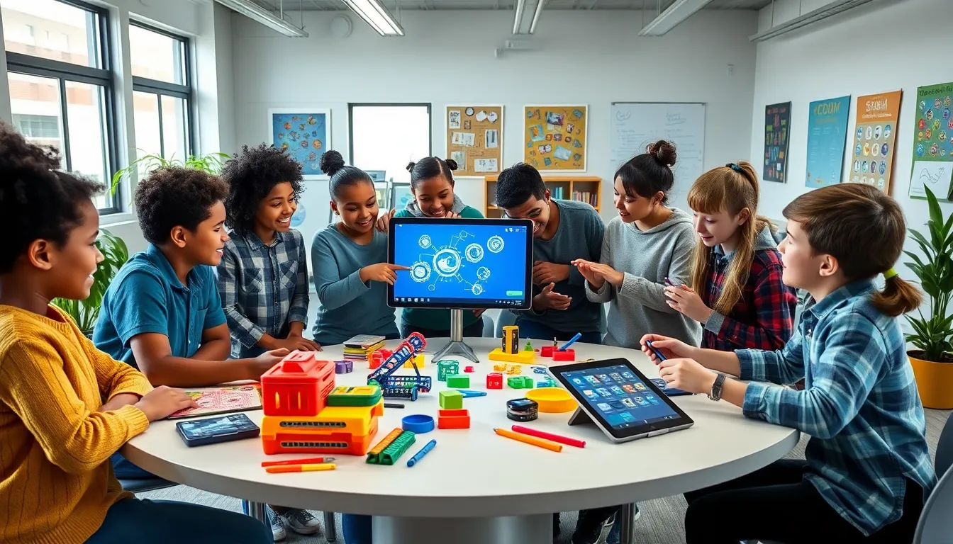 students collaborating on a hands-on STEM project in a bright classroom.