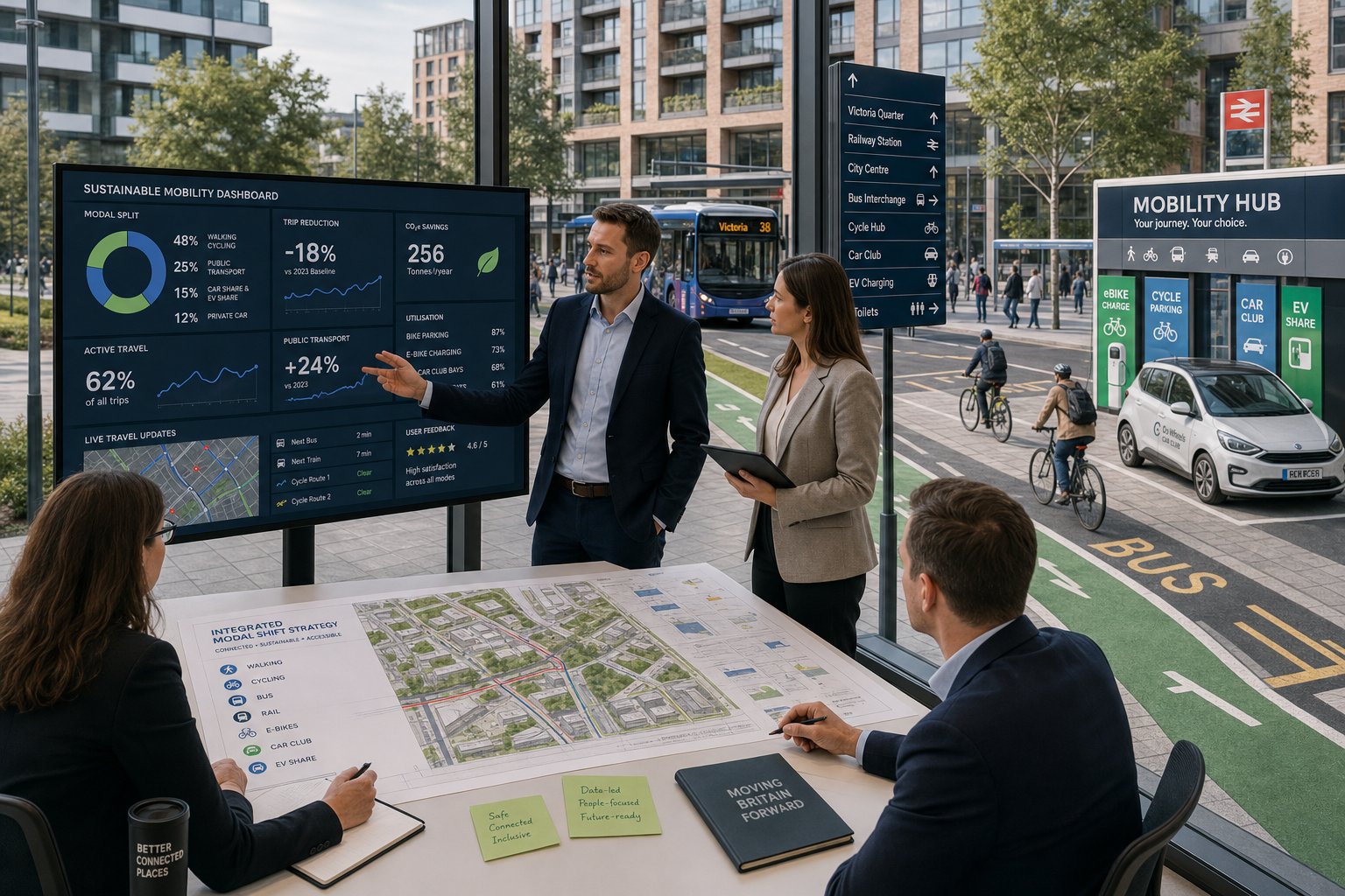 Transport consultants reviewing walking, cycling and public transport plans in the UK.