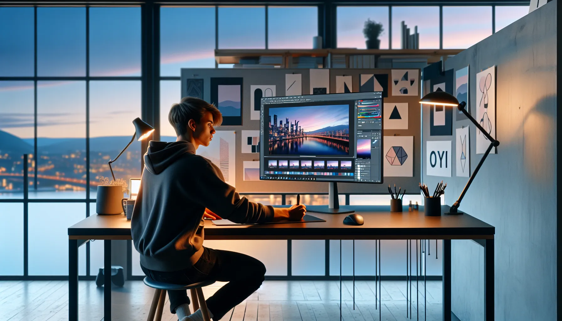 Norwegian designer uses ai tools on a monitor to create multiple digital artworks.