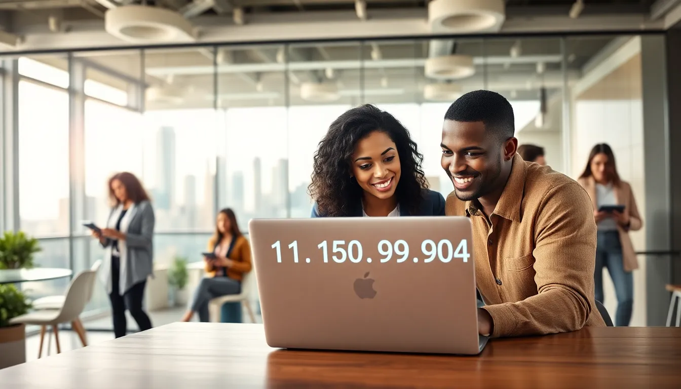 professionals discussing IP addresses in a modern office setting.