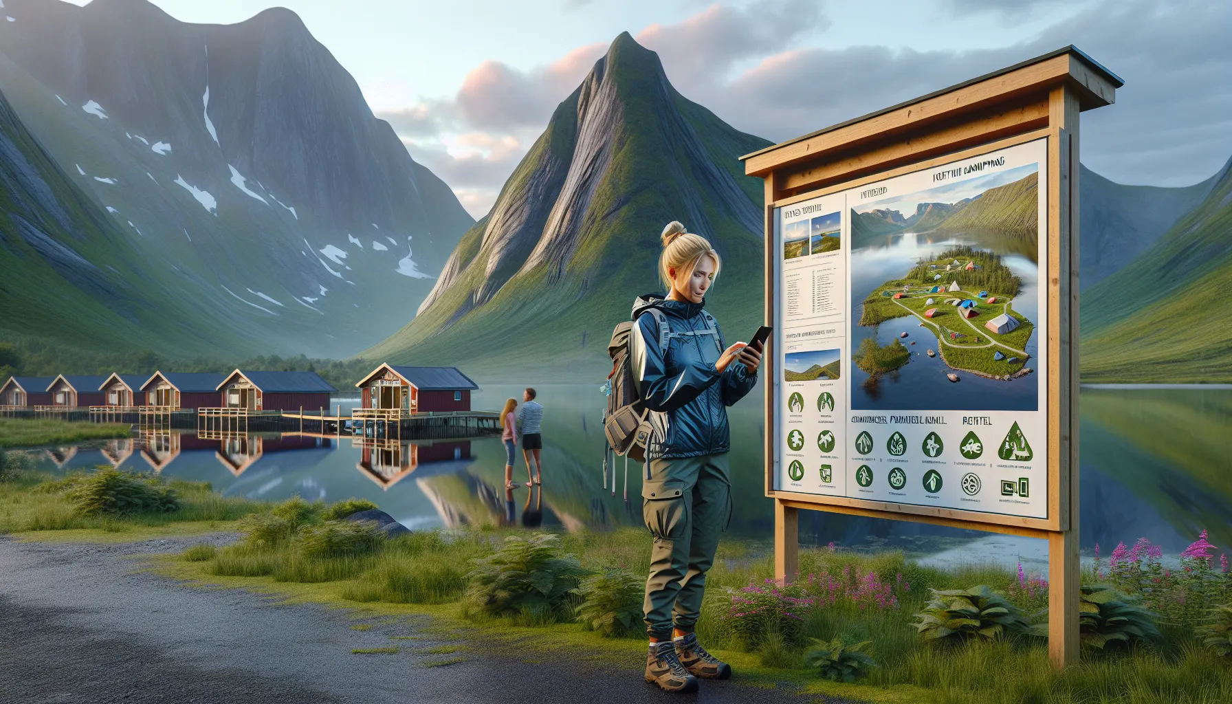 Traveler studying campsite map at norwegian fjord campground with varied facilities.