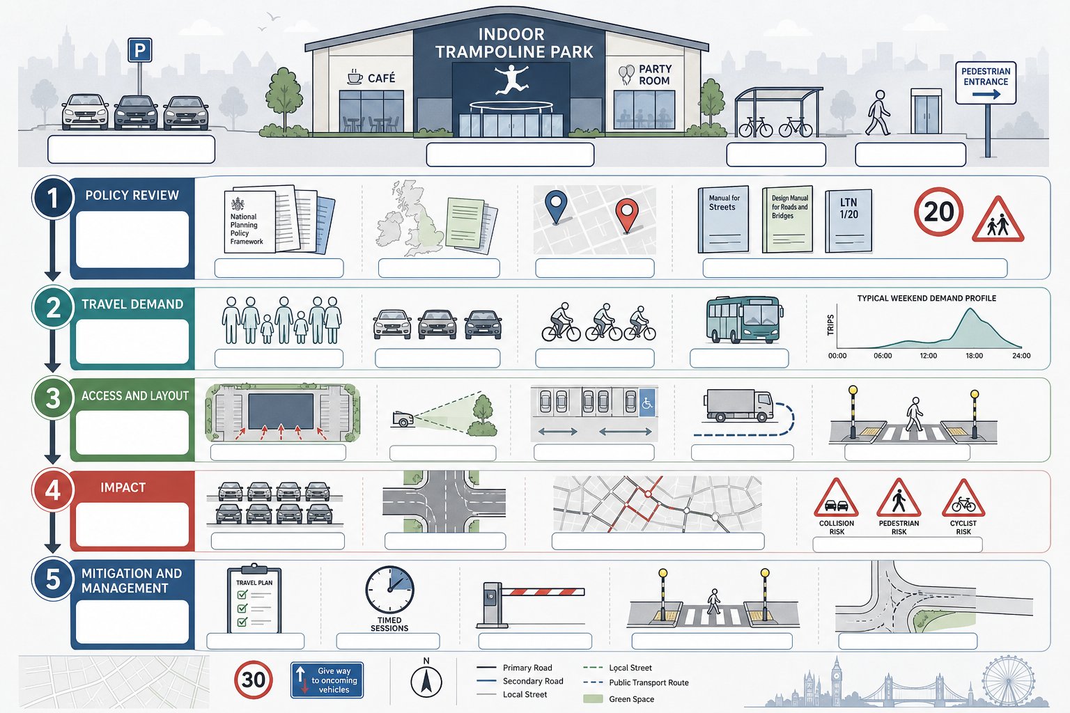 Infographic showing five parts of a trampoline park transport assessment in the UK.