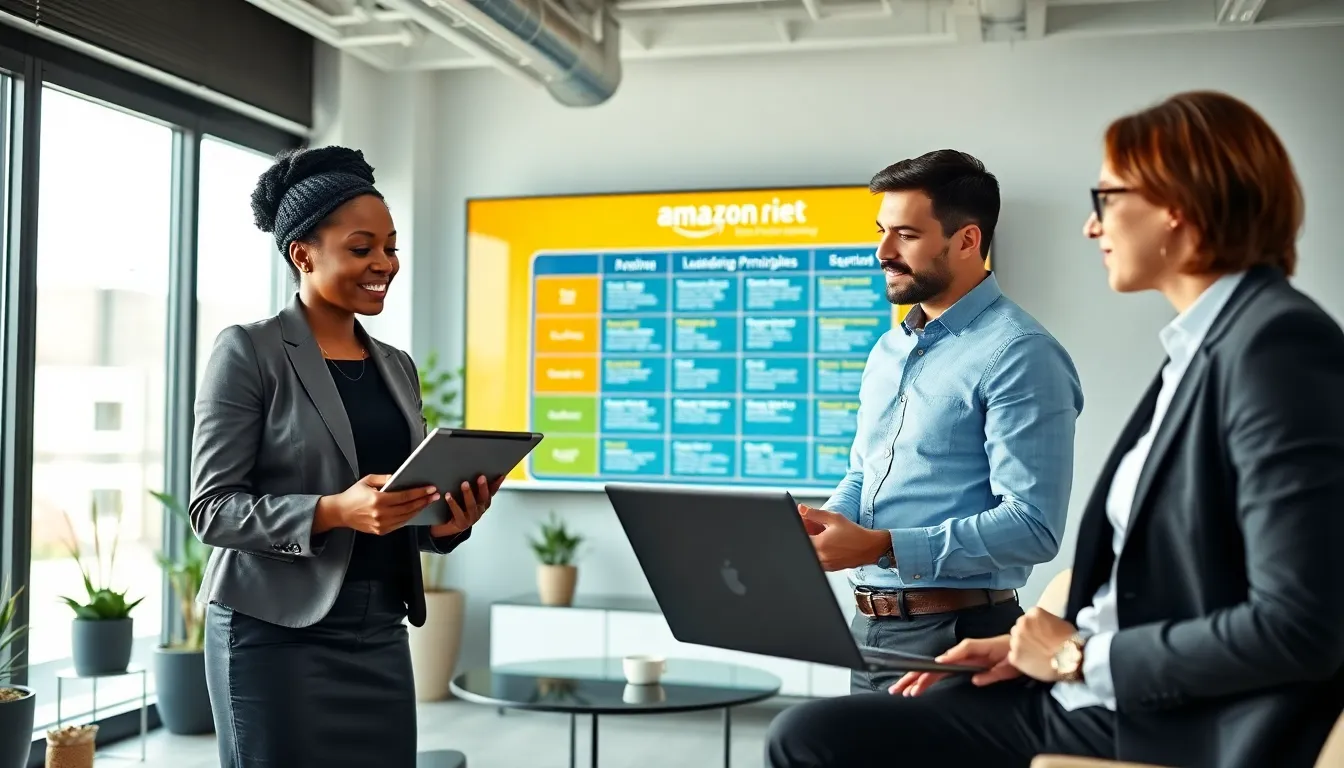 Diverse team discussing Amazon's leadership principles in a modern office.