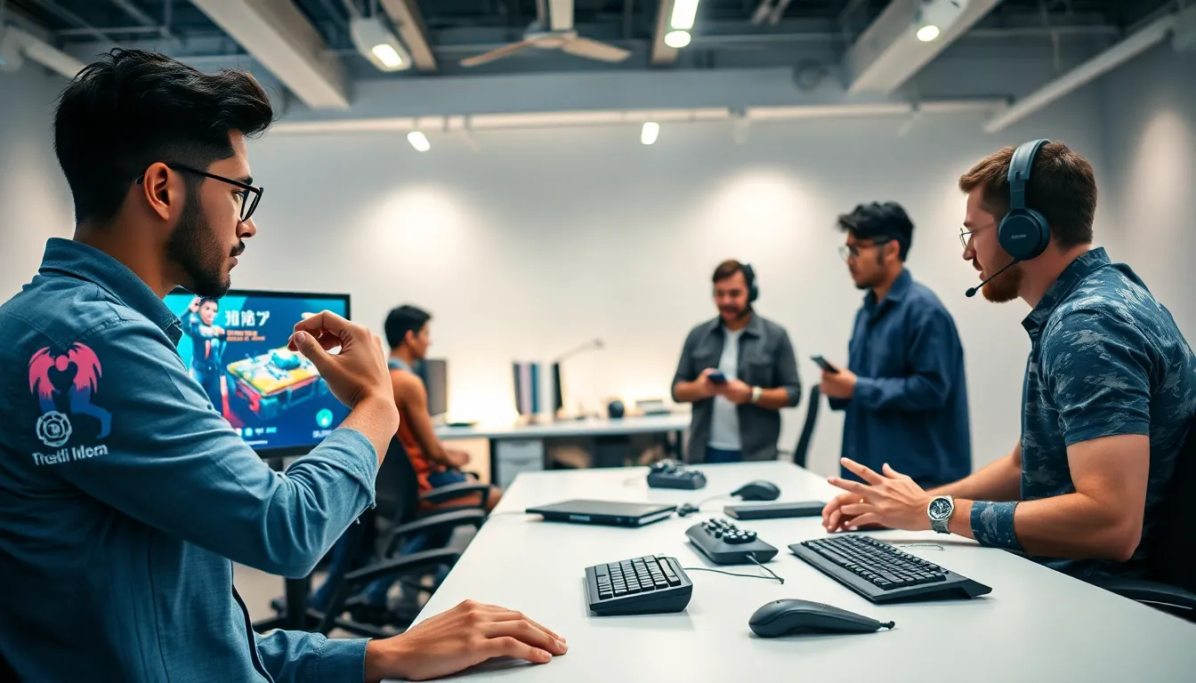 diverse professionals collaborating on Linux gaming tips in a modern office.
