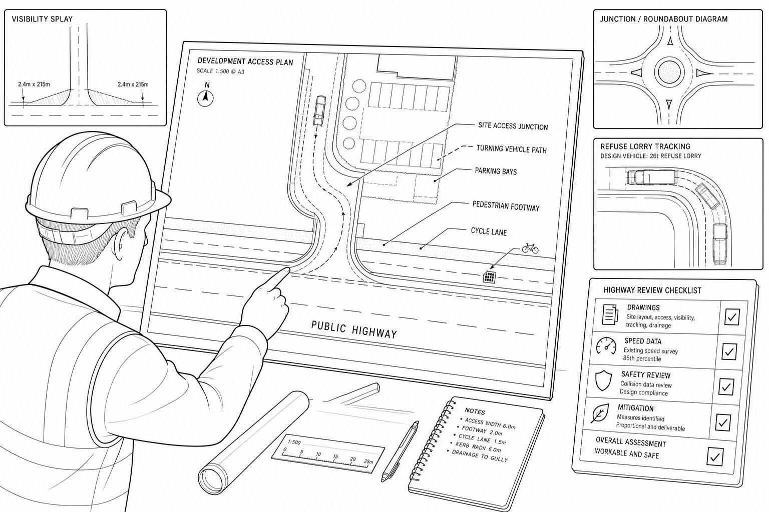 Highway engineer reviewing a development site access and road layout plan.