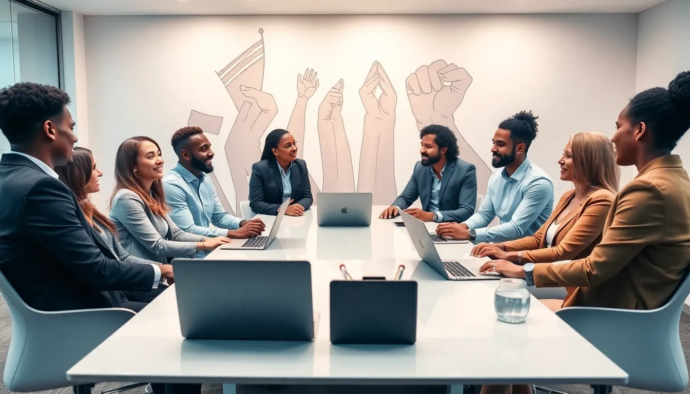 diverse professionals discussing in a modern office about freedom and human rights.