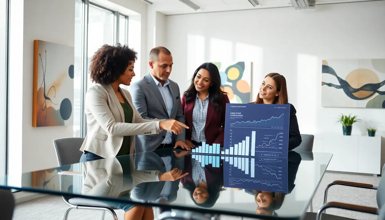 diverse team discussing economic trends in a modern office.