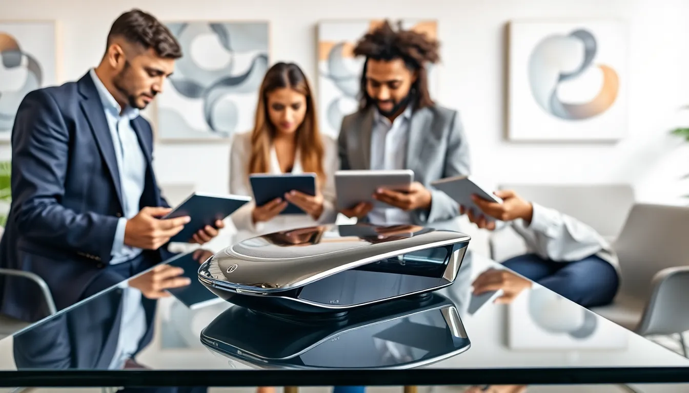 professionals analyzing the Model Xupikobzo987 in a modern office.