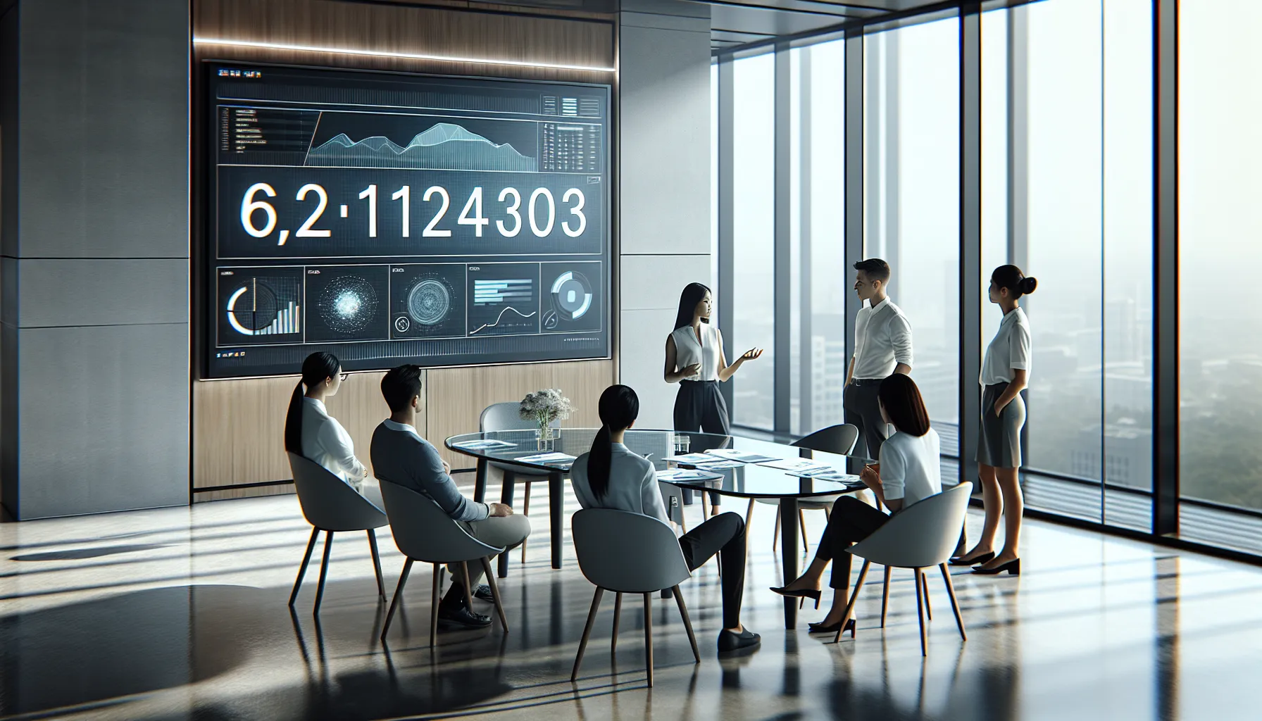 diverse team discussing data displayed on a modern digital dashboard.