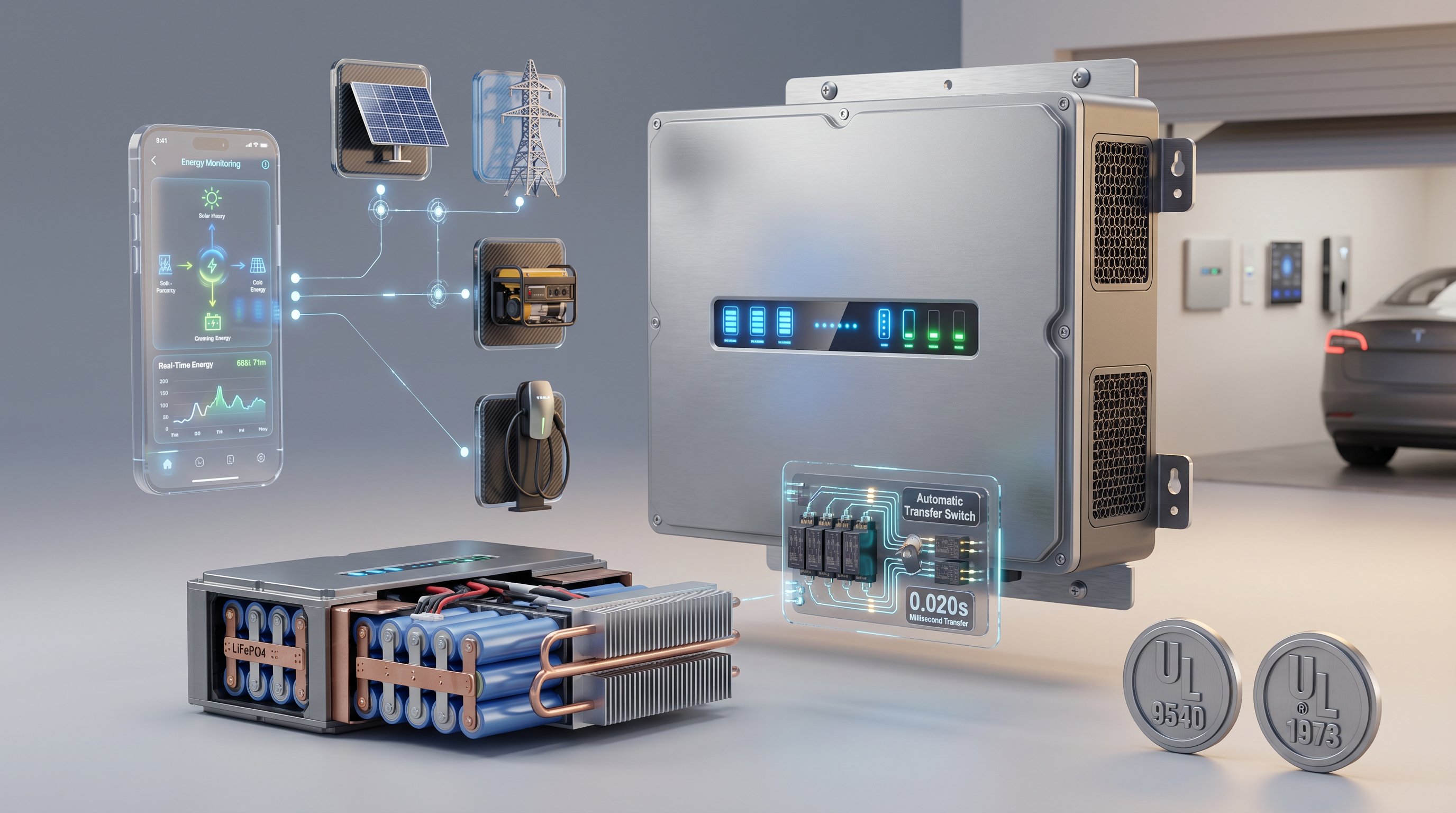 3D render of modern home battery backup system with smart monitoring features and safety certifications.