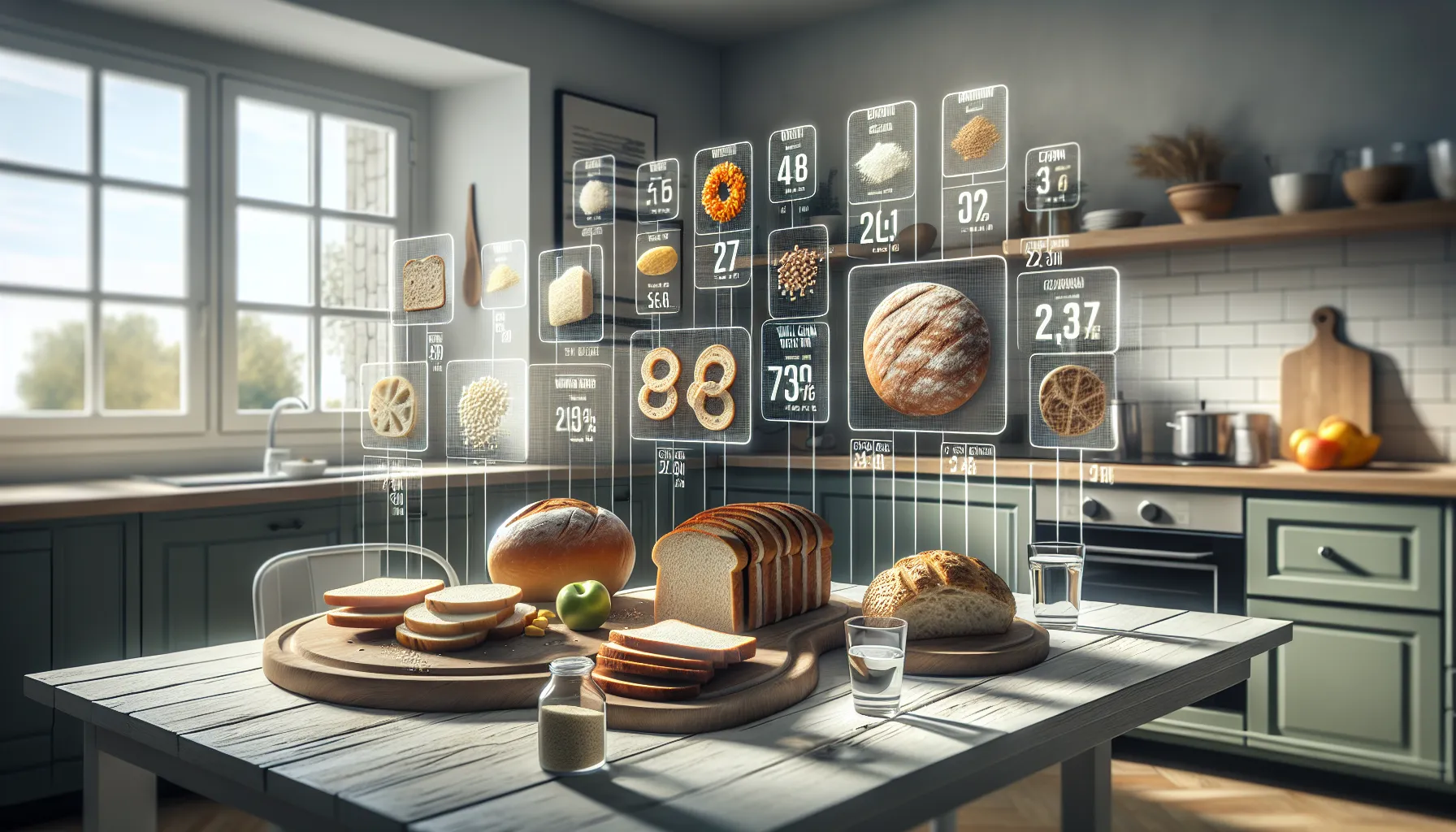 Four bread types with nutrition info on a modern kitchen table.