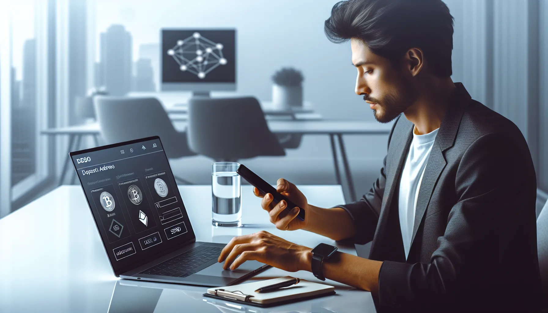 Professional reviewing cryptocurrency deposit address on laptop with mobile wallet app nearby.