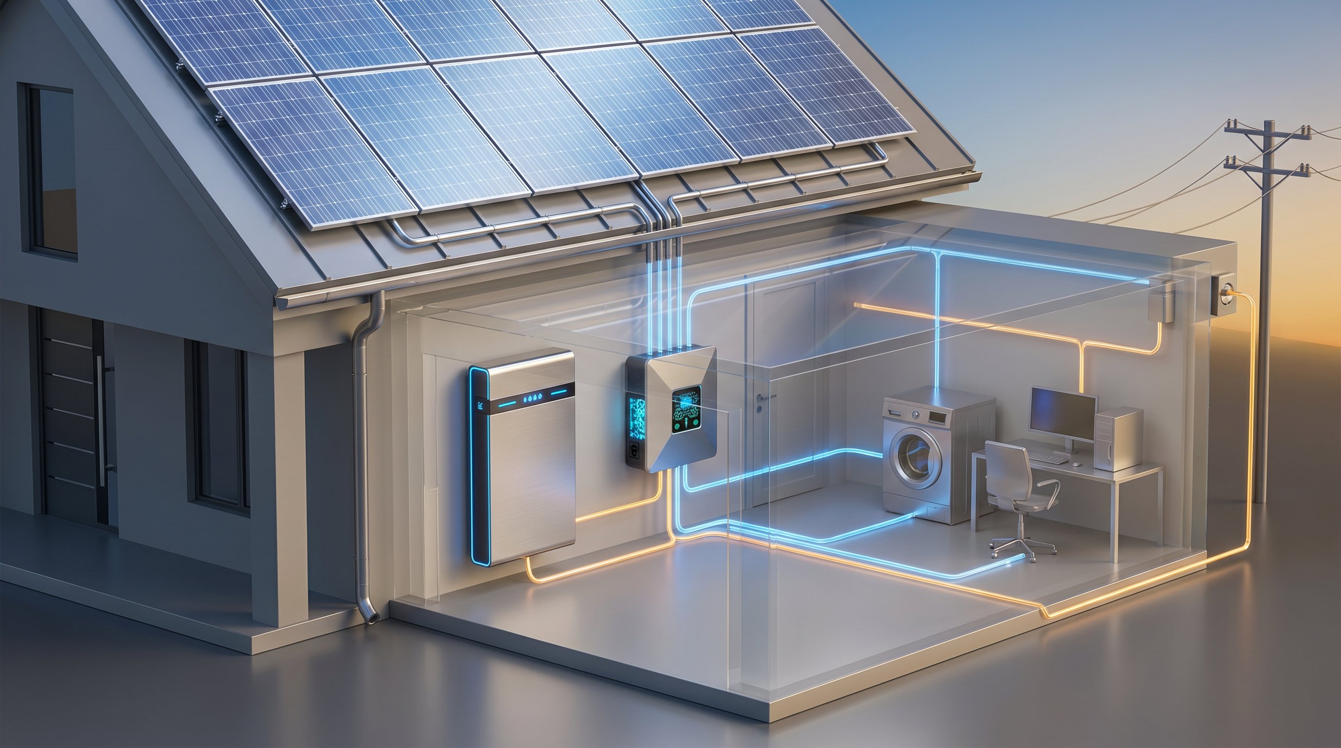 3D render of integrated home solar panels and battery system with energy flow visualization.