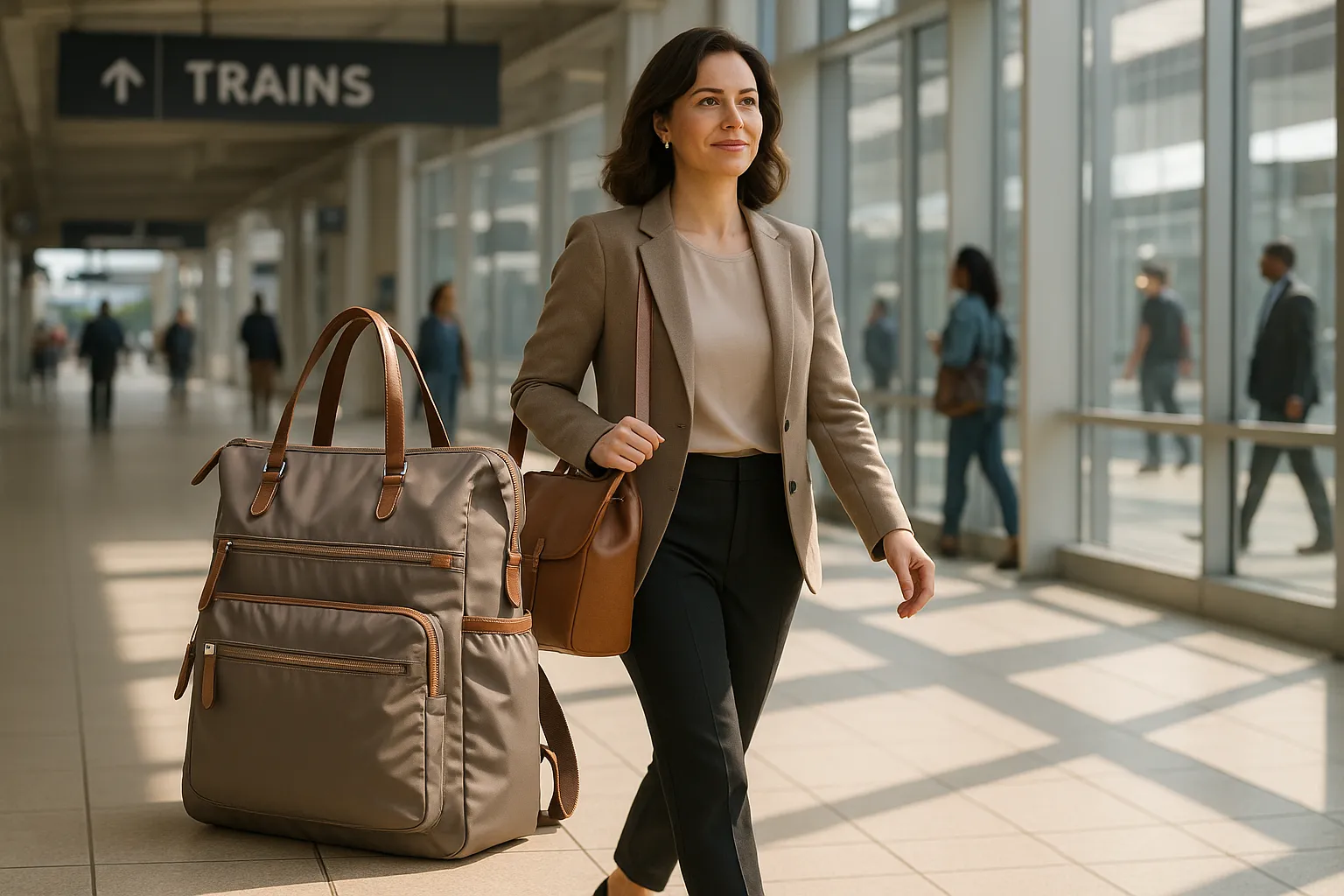 Professional woman with convertible backpack tote in a sunny train station.