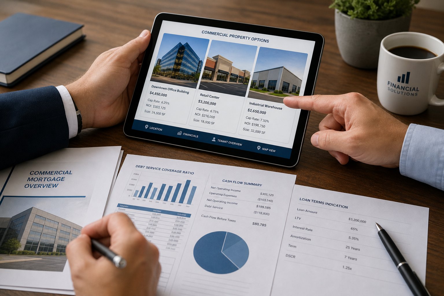 Close-up of hands reviewing property details and financial papers on a desk.