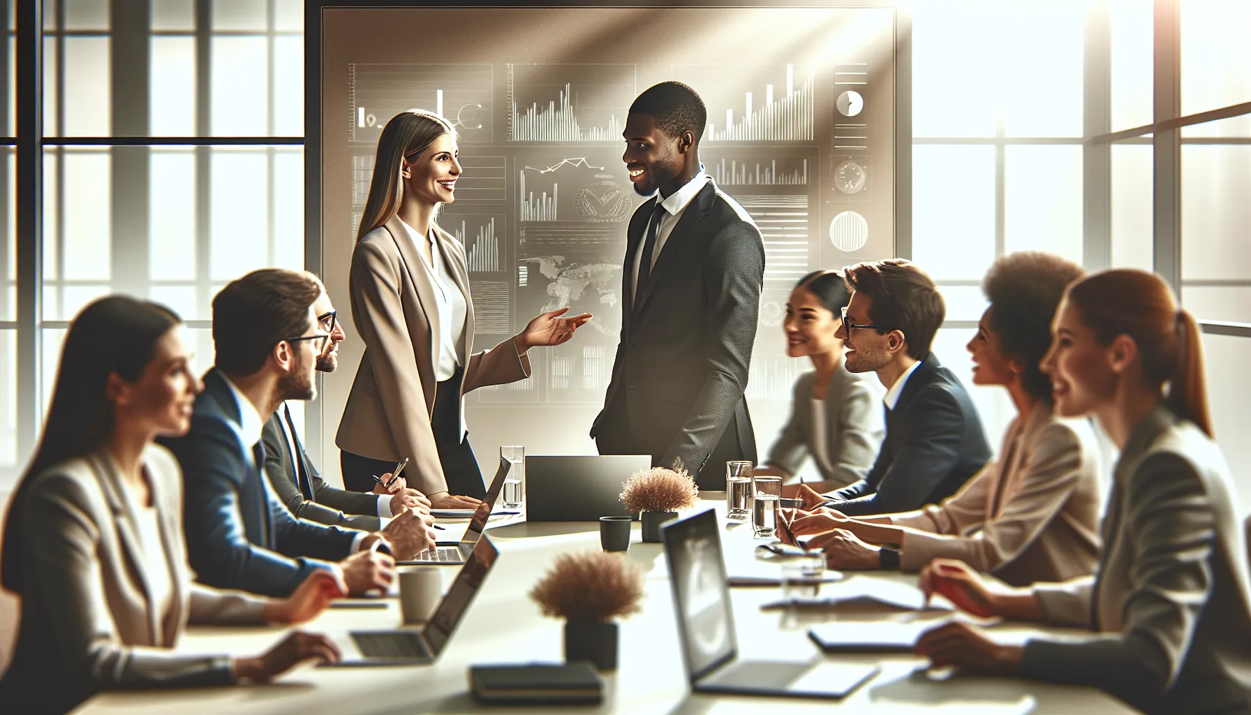 Barbara and Charles discussing community initiatives in a modern office.