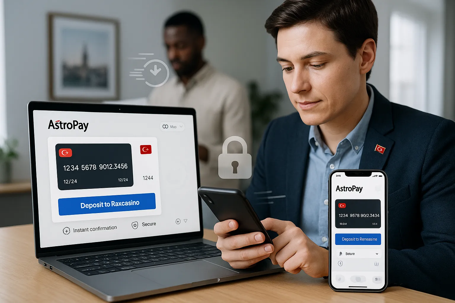 User making a secure AstroPay deposit to Raxcasino on laptop and smartphone.