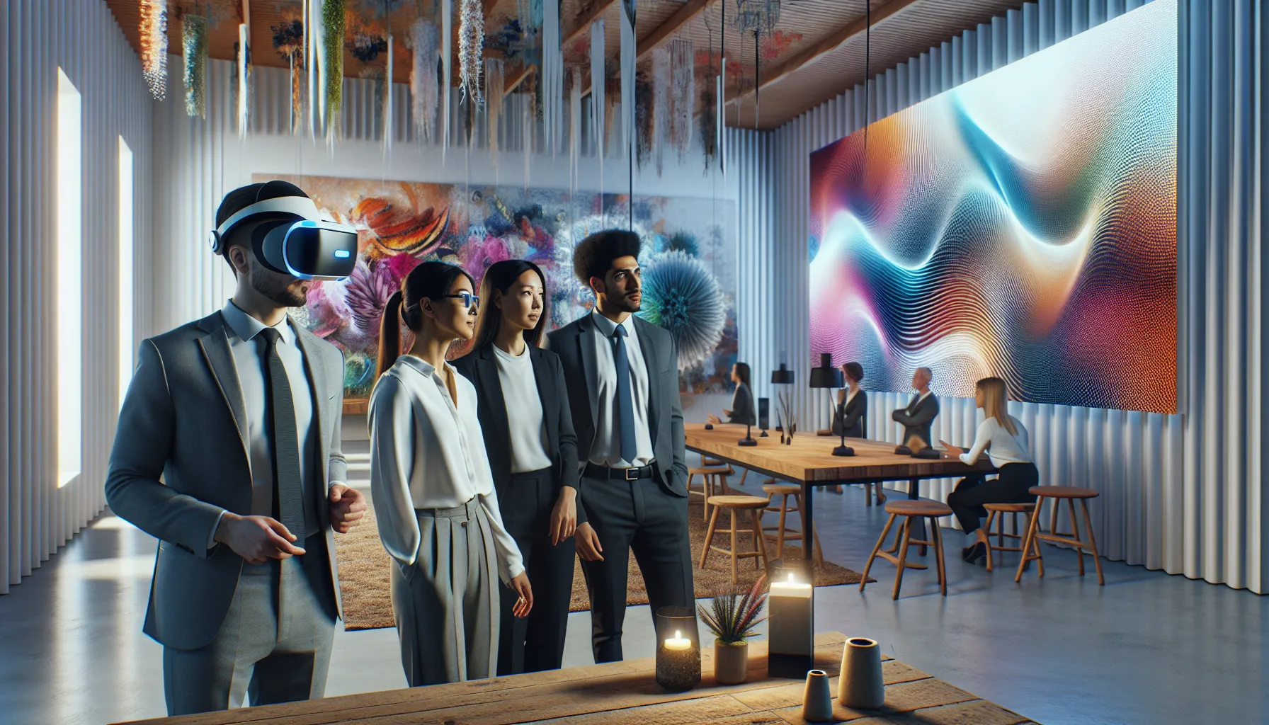 diverse professionals engaging with virtual reality art in a modern studio.