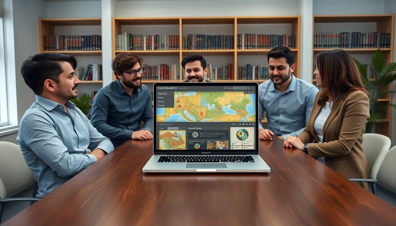 team discussing strategies in a modern office setting with CK2Generator.com displayed.